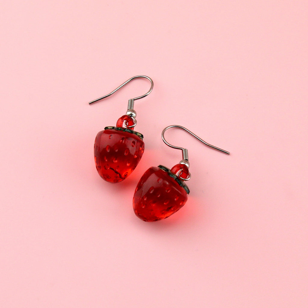 Red clear strawberry charms on stainless steel earwires