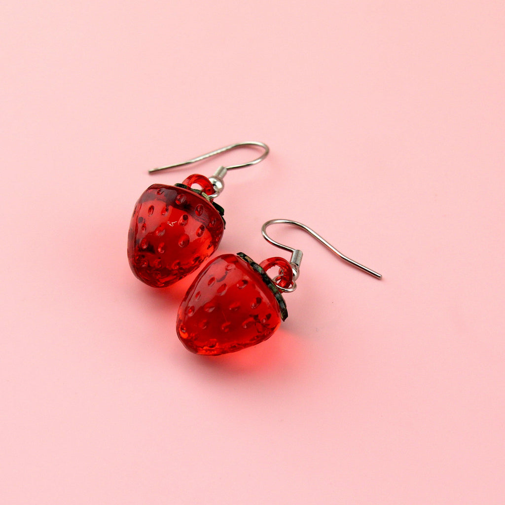 Red clear strawberry charms on stainless steel earwires