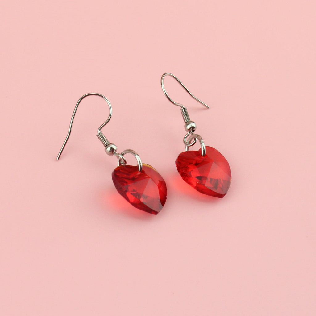 Red heart shaped glass charms on stainless steel earwires