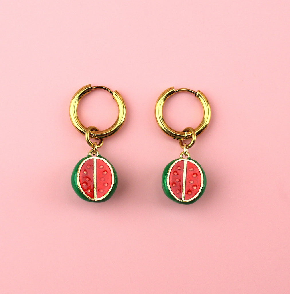 Half cut open watermelon charms on gold plated stainless steel hoops
