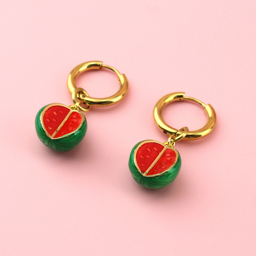 Half cut open watermelon charms on gold plated stainless steel hoops