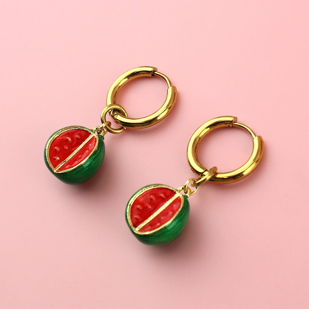 Half cut open watermelon charms on gold plated stainless steel hoops