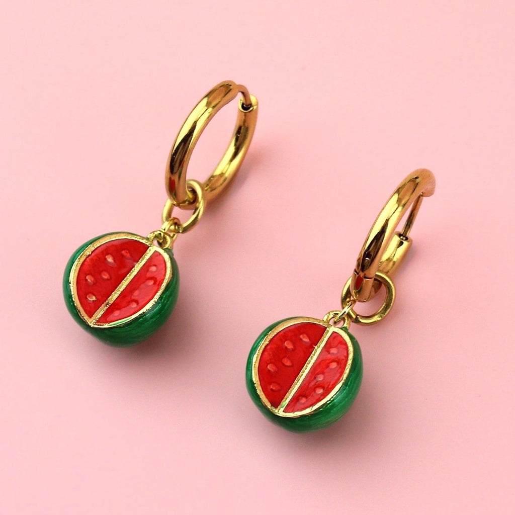 Half cut open watermelon charms on gold plated stainless steel hoops