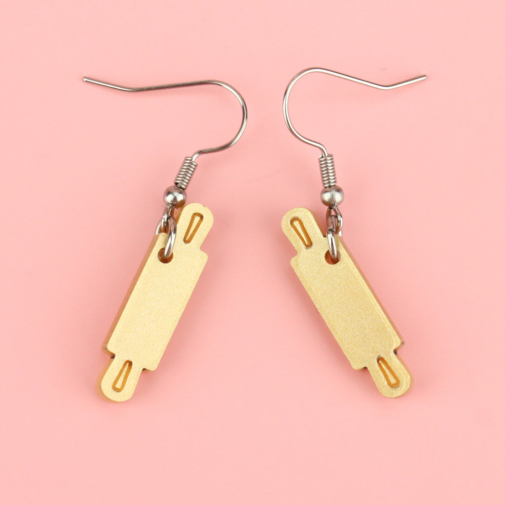 Gold pearl perspex rolling pin charms on stainless steel earwires