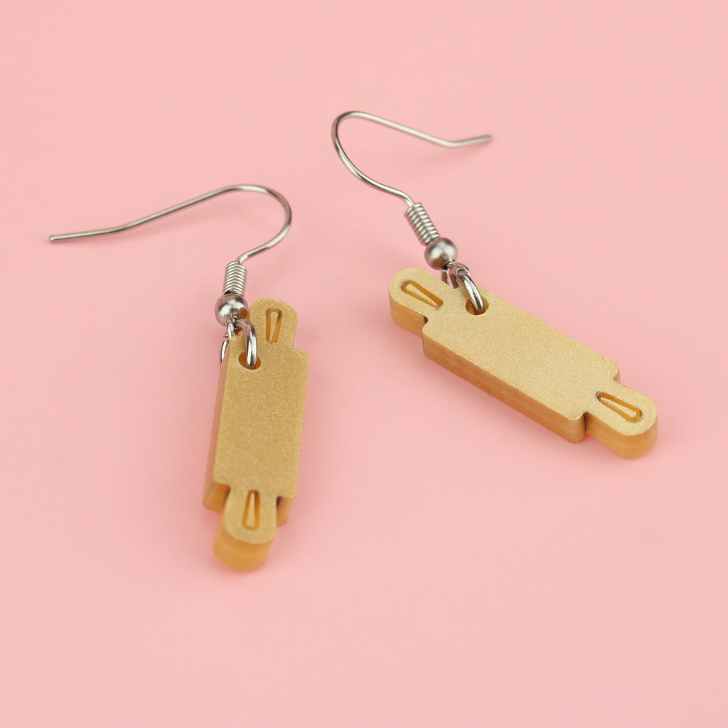Gold pearl perspex rolling pin charms on stainless steel earwires