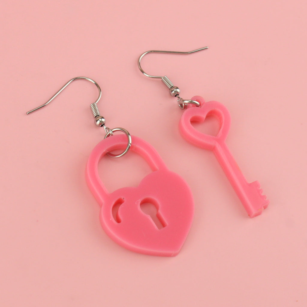 Rose pink heart padlock and key charms on stainless steel earwires