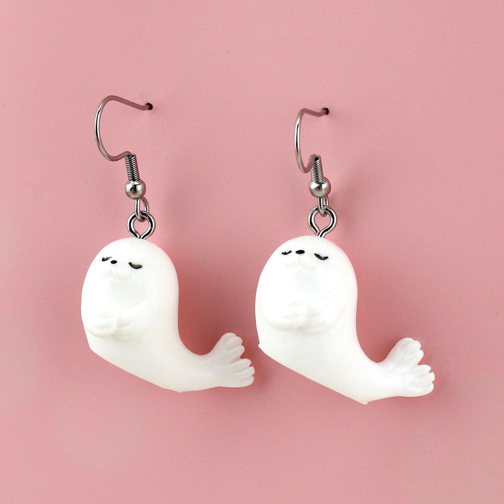 3D white seal charms on stainless steel earwires