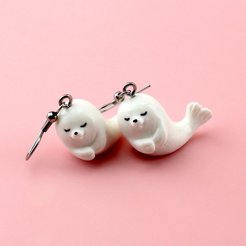 3D white seal charms on stainless steel earwires