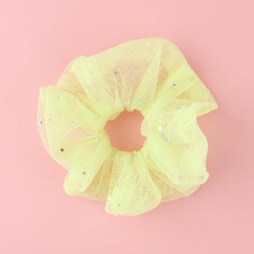 Baby yellow coloured mesh scrunchie with silver stars