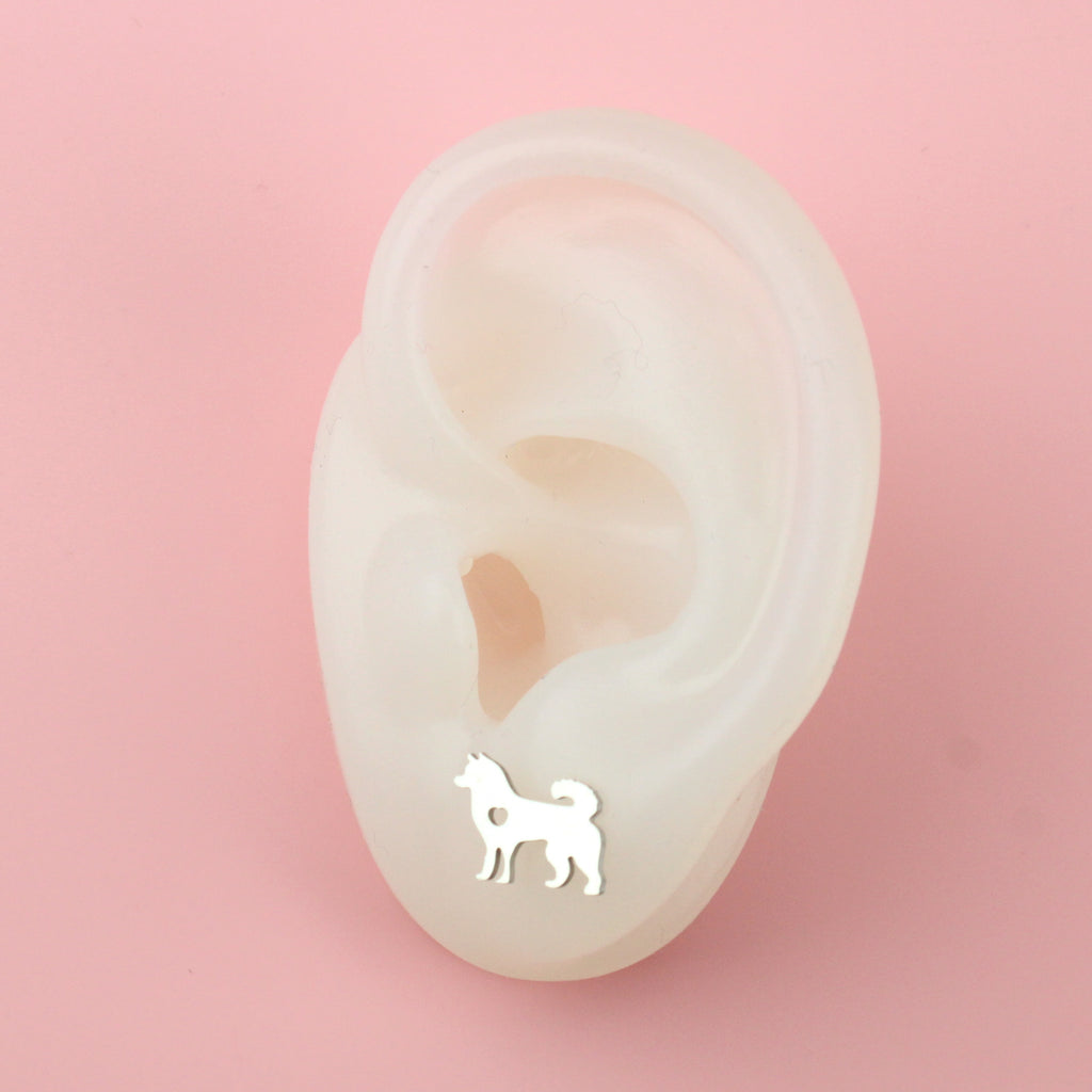 Ear wearing Siberian Husky Stud Earrings