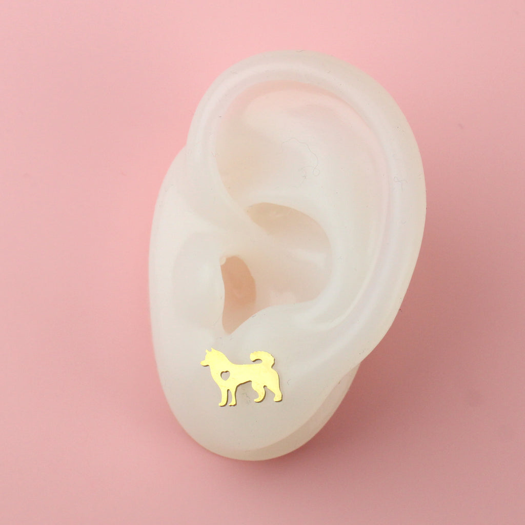 Ear wearing Siberian Husky Stud Earrings (Gold Plated)