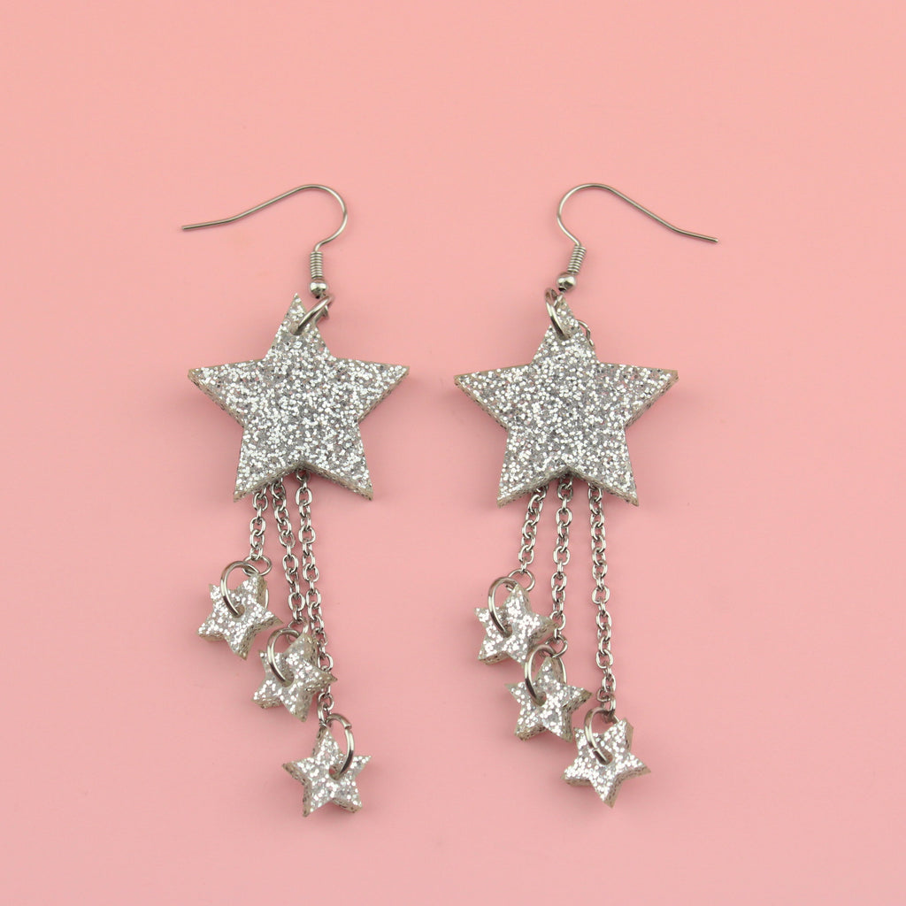 Silver Glitter Shooting Star Earrings - Sour Cherry