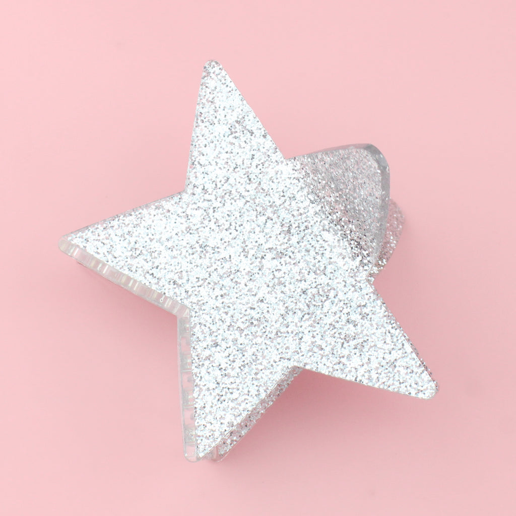 Double sided silver glitter star claw clip 