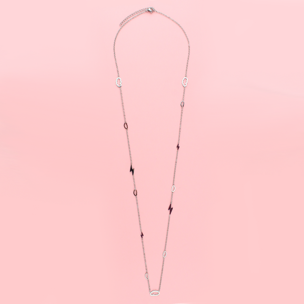 Stainless steel chain featuring enamel cut out cloud and lightning bolt charms