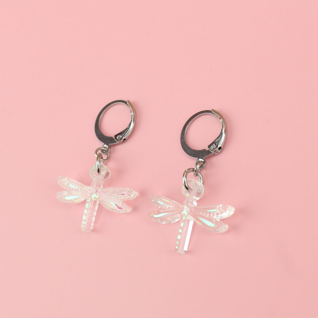 Holographic Dragonfly charms on stainless steel huggie hoops
