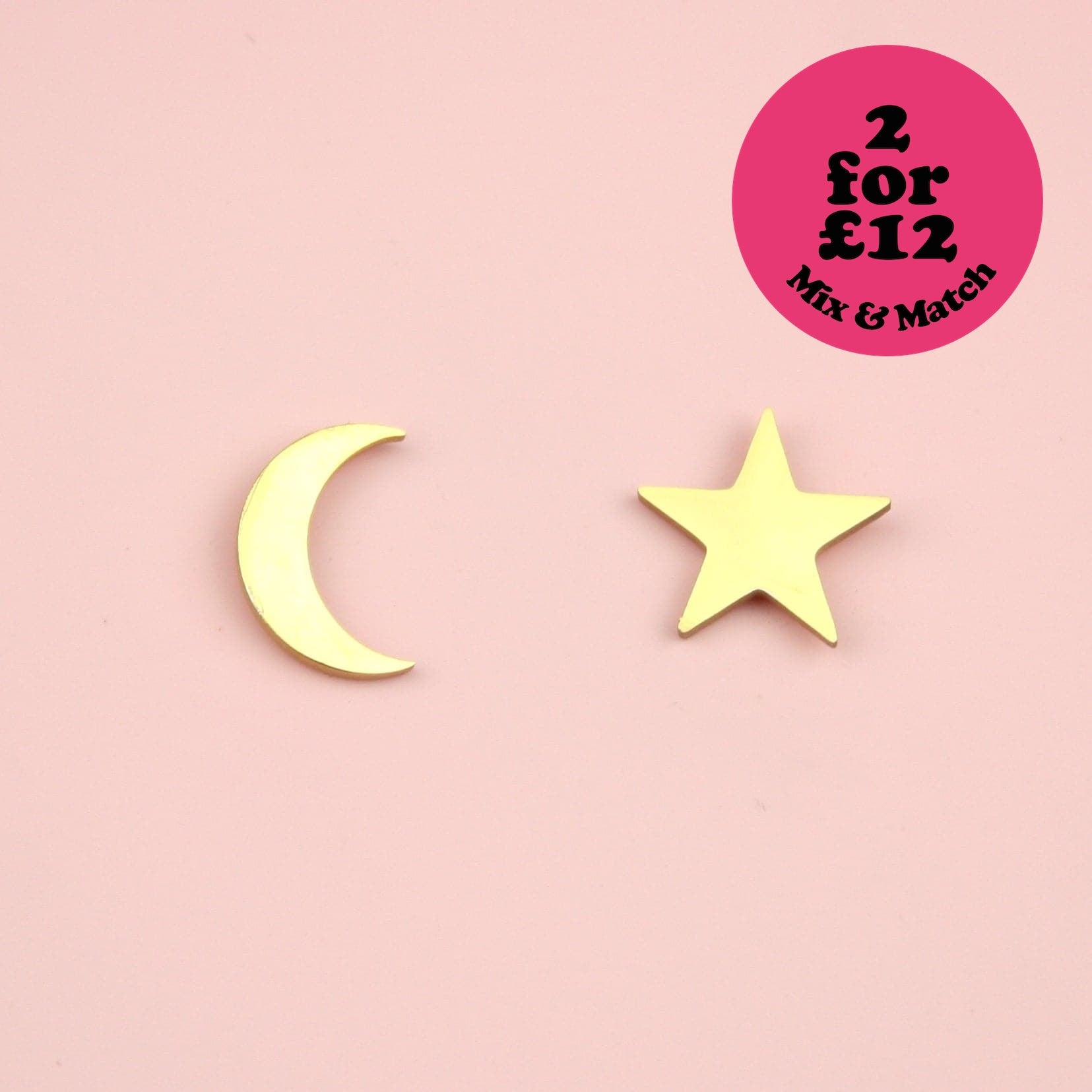 Star Crescent Moon Stud Earrings (Gold Plated)