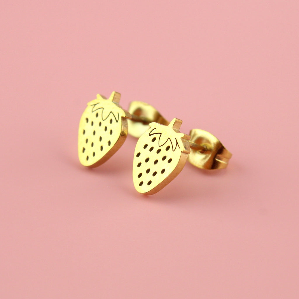 Gold plated stainless steel strawberry studs with backs on