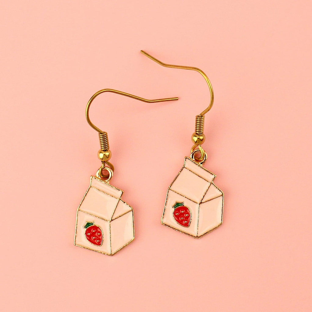 Strawberry milk carton charms on Gold Plated Stainless Steel Earwires
