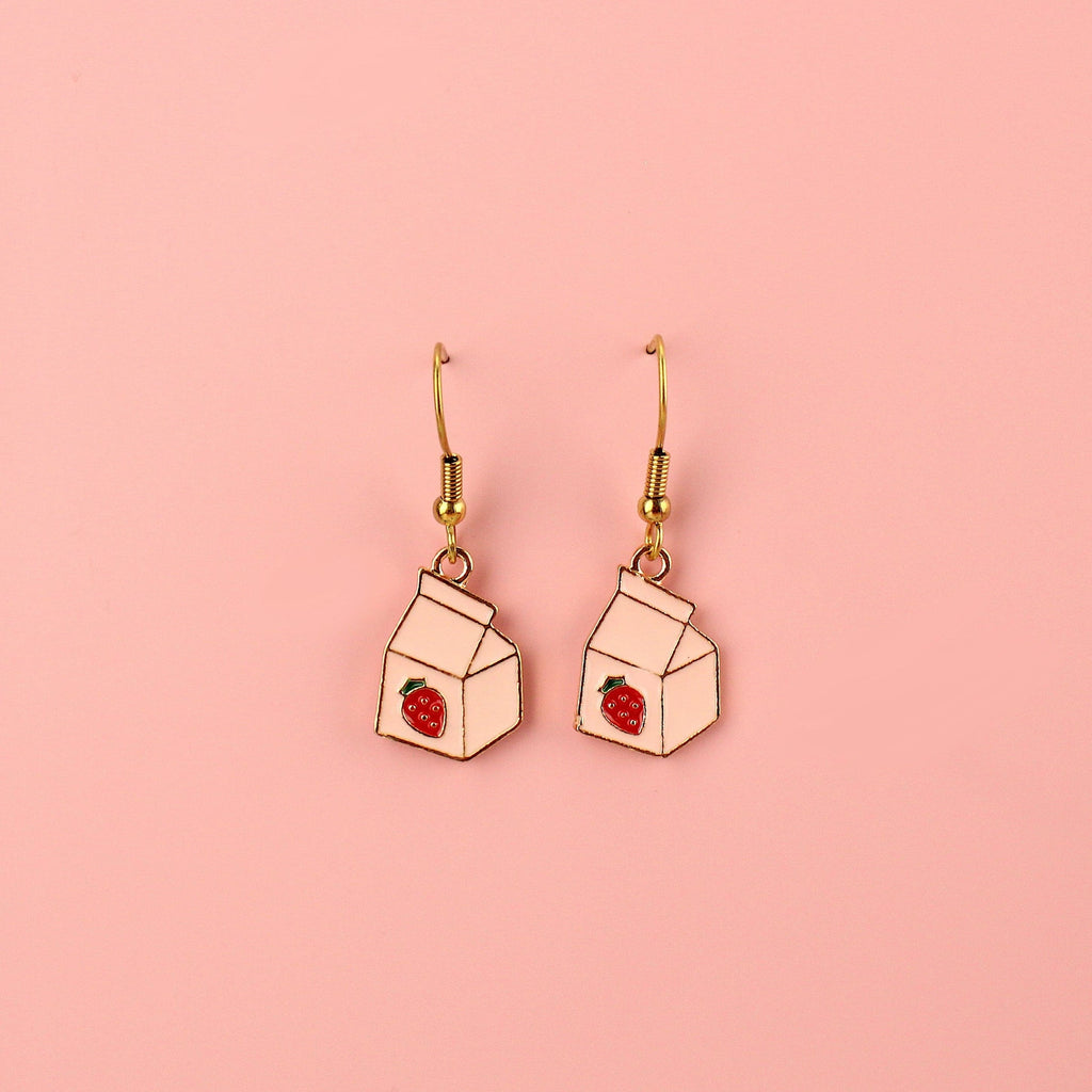 Strawberry milk carton charms on Gold Plated Stainless Steel Earwires