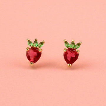 Gold plated brass base stud earrings in the shape of a strawberry with red and green cubic zirconia stones
