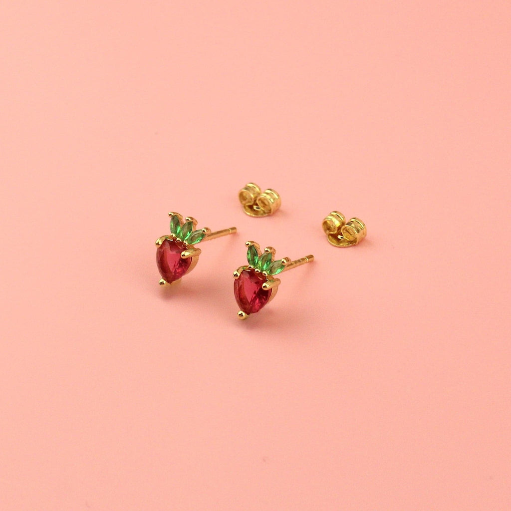 Gold plated brass base stud earrings in the shape of a strawberry with red and green cubic zirconia stones