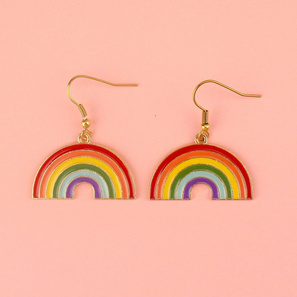 Base metal rainbow charms on gold plated stainless steel earwires