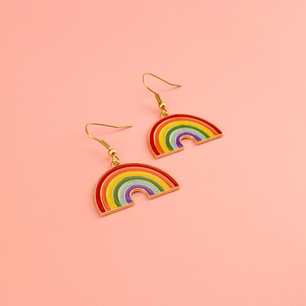 Base metal rainbow charms on gold plated stainless steel earwires