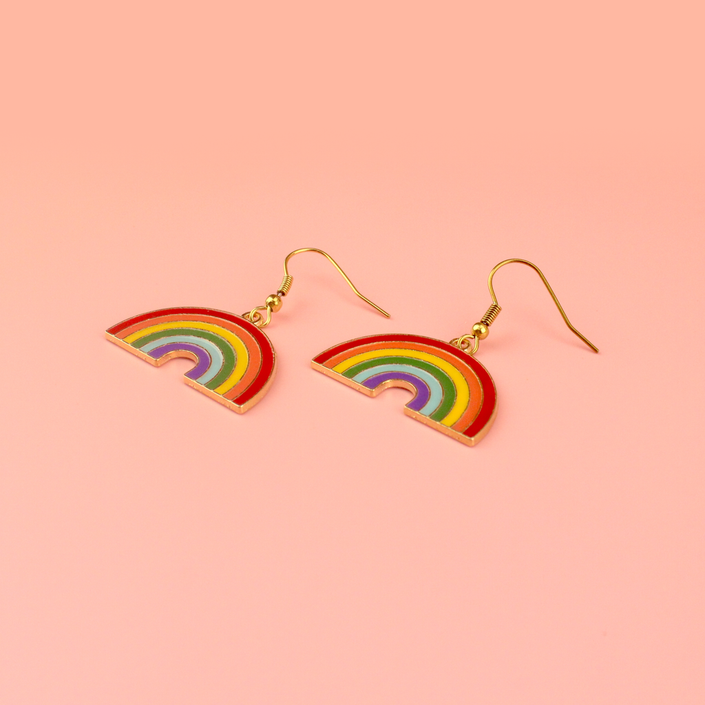Base metal rainbow charms on gold plated stainless steel earwires
