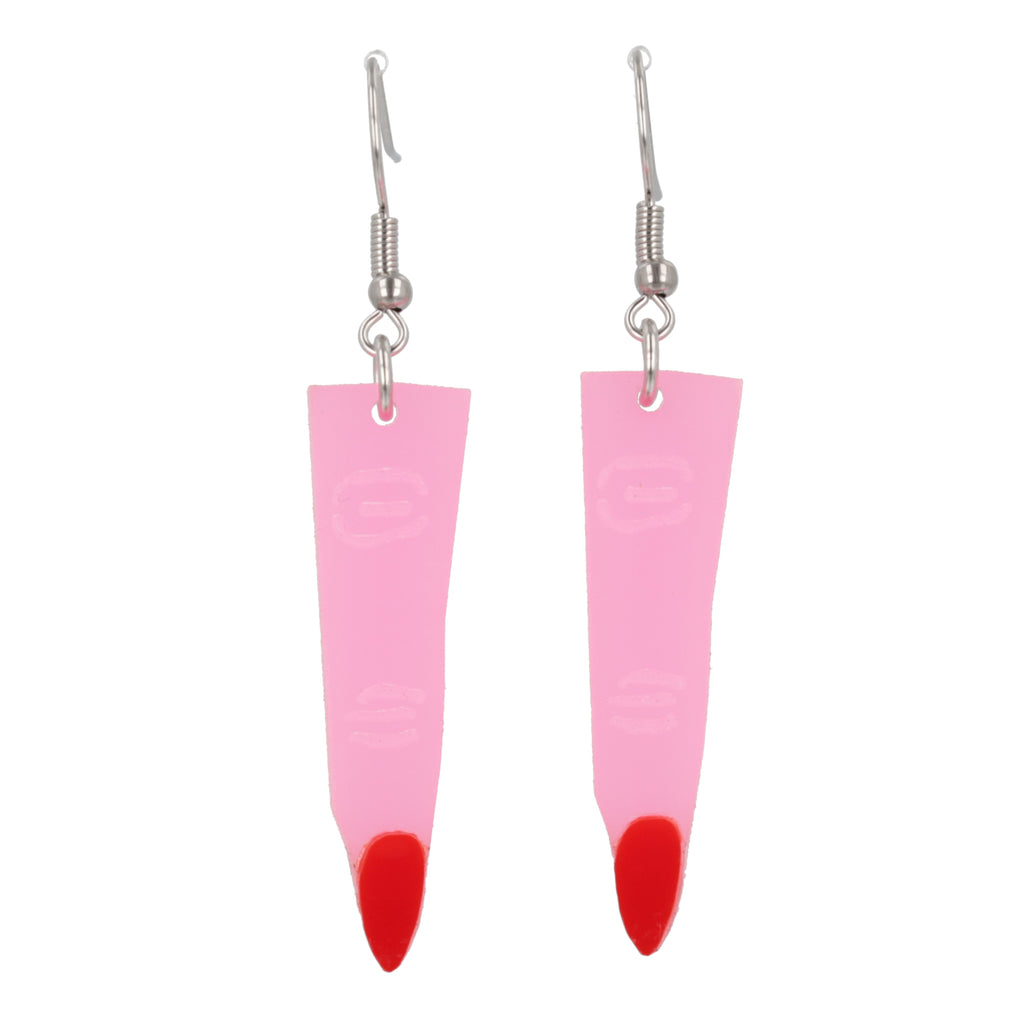 Pink witch's finger charm on stainless steel earwires