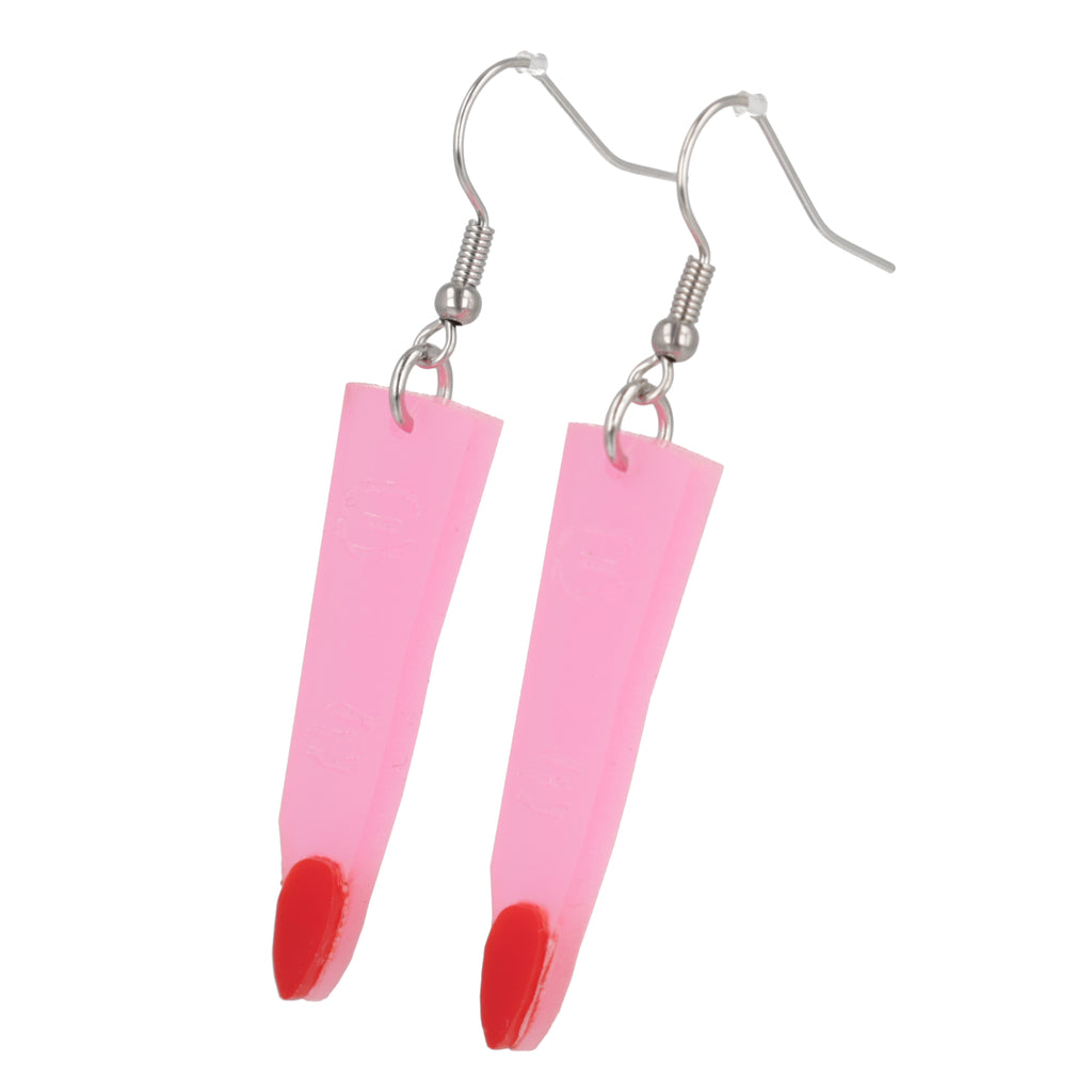 Pink witch's finger charm on stainless steel earwires