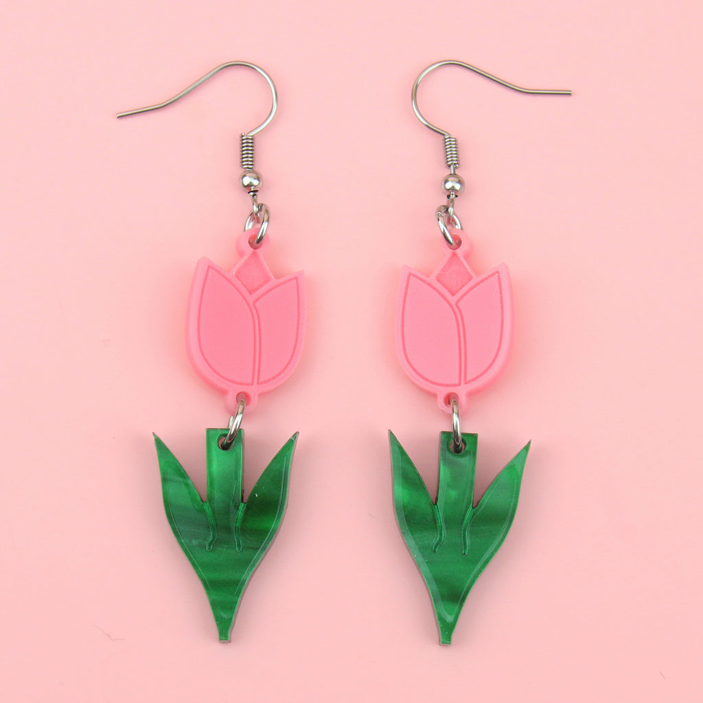 Pink acylic tulip charms with green stems on stainless steel earwires 
