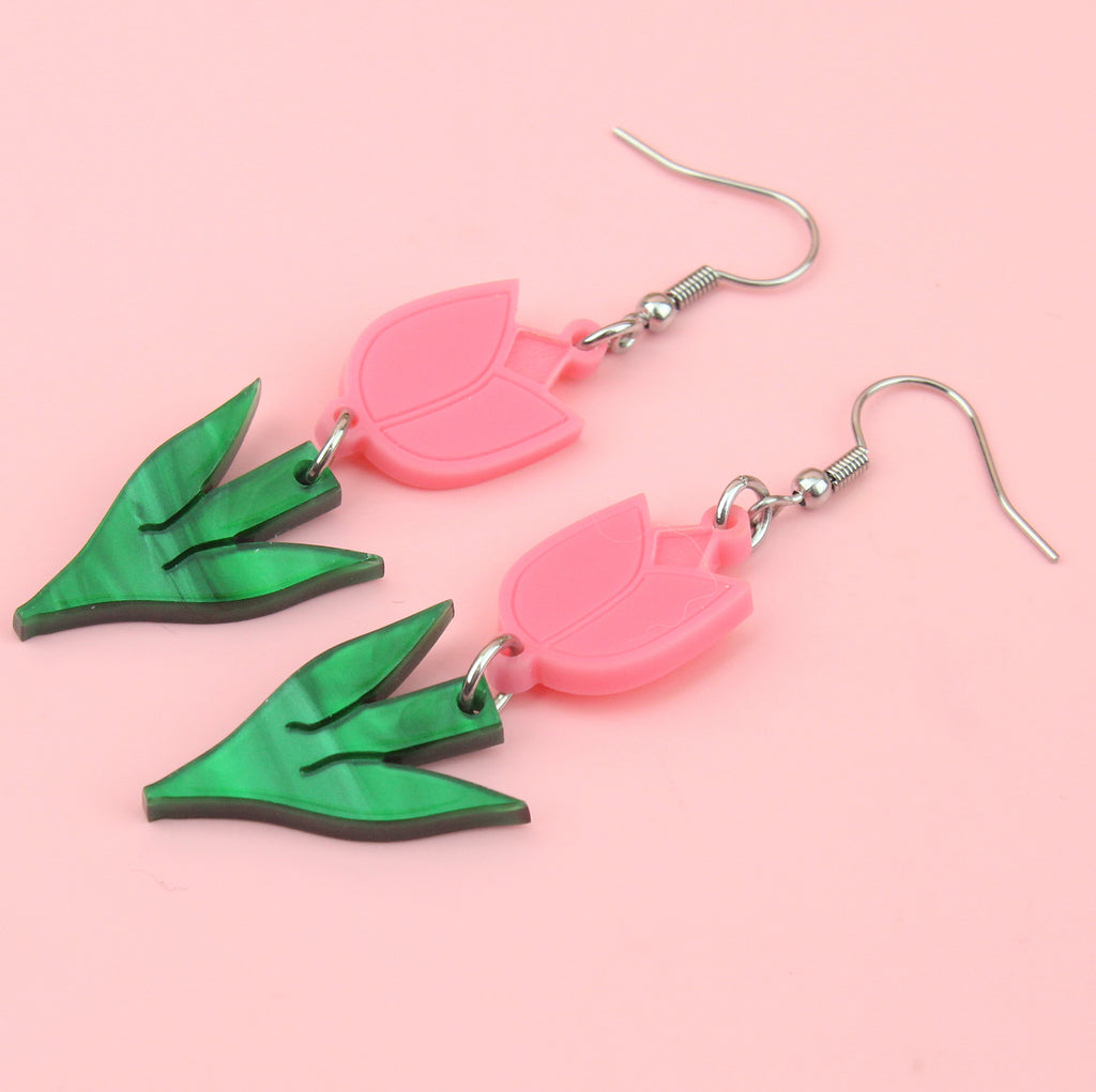 Pink acylic tulip charms with green stems on stainless steel earwires