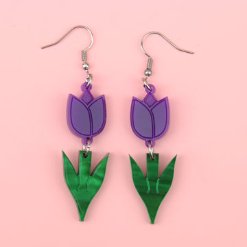 Purple acrylic tulip charms with green stems on stainless steel earwires