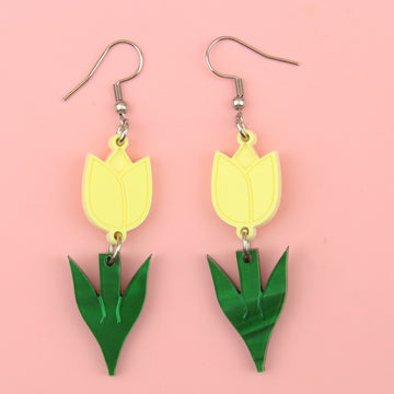 Yellow acrylic tulip charms with green stems on stainless steel earwires