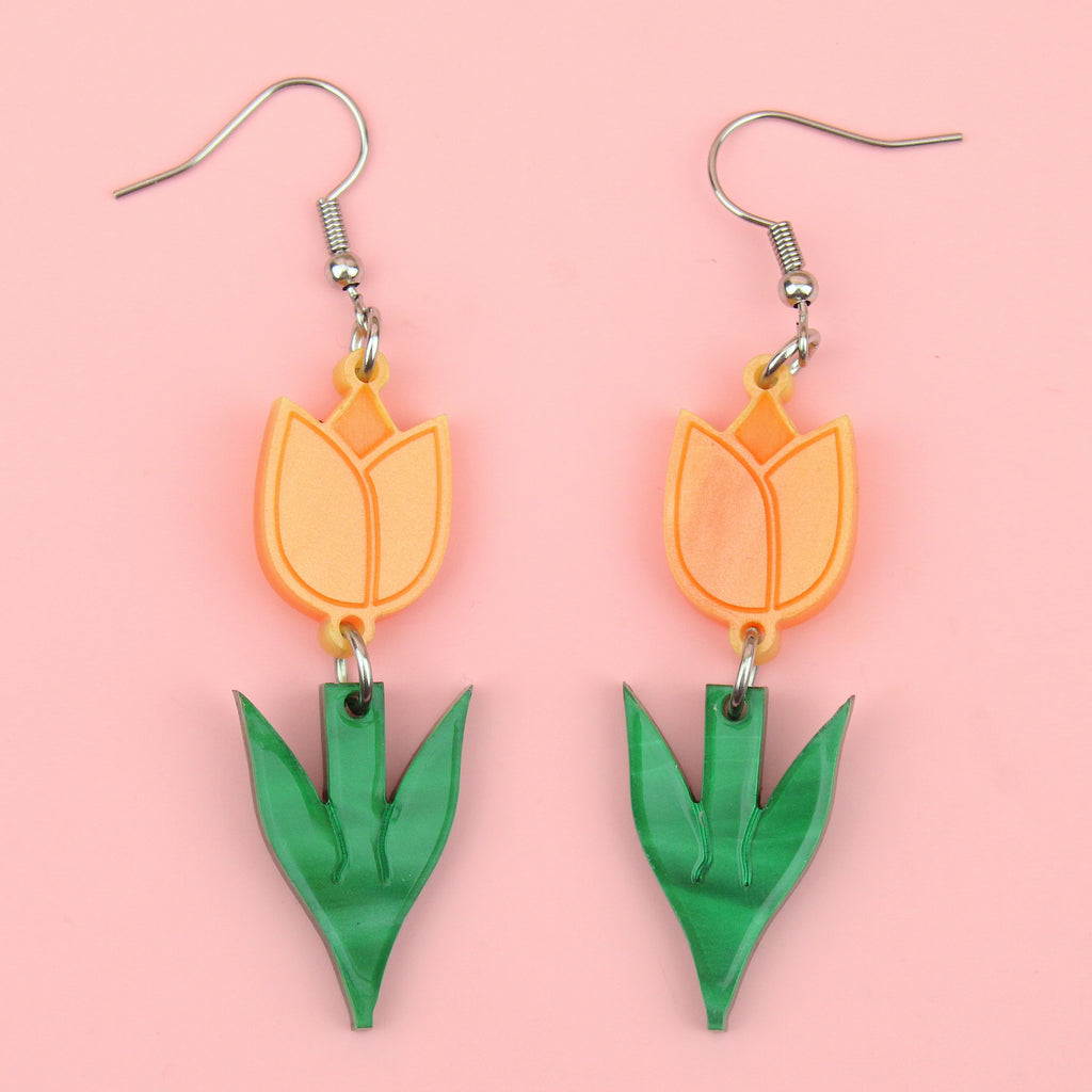 Orange acrylic tulip charms with green stems n stainless steel earwires