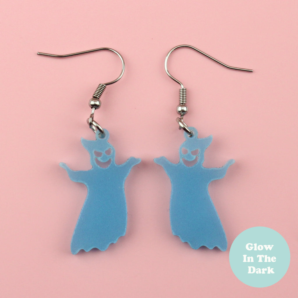 Blue glow in the dark acrylic ghost charms on stainless steel earwires
