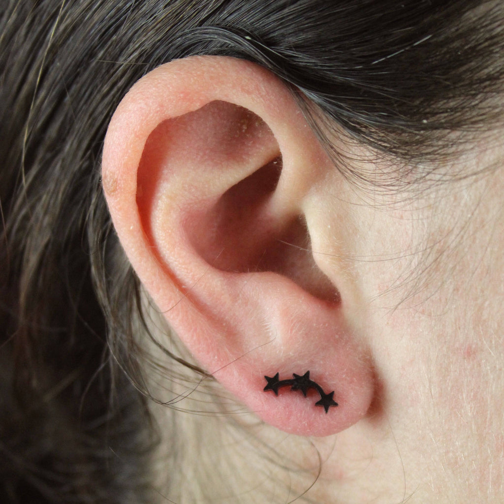 Triple Curved Star Stud Earrings (Black) - Sour Cherry