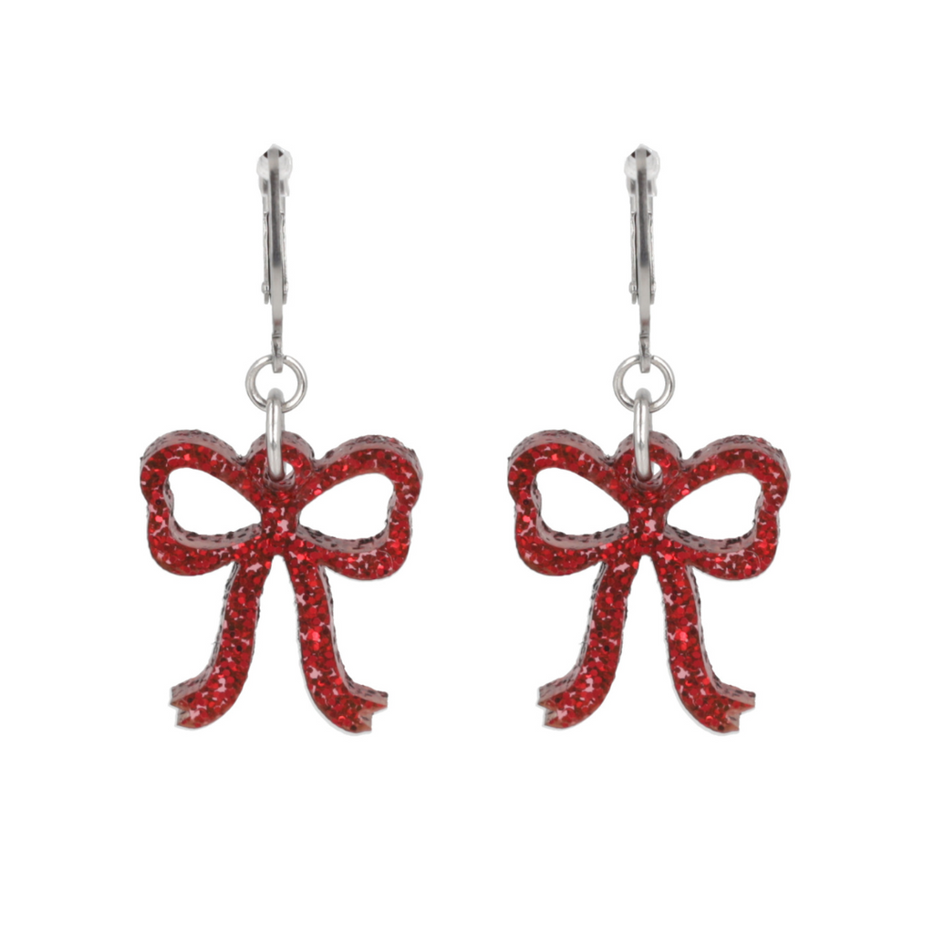 Mini Red Glitter Bow Huggie Hoop Earrings - Sour Cherry