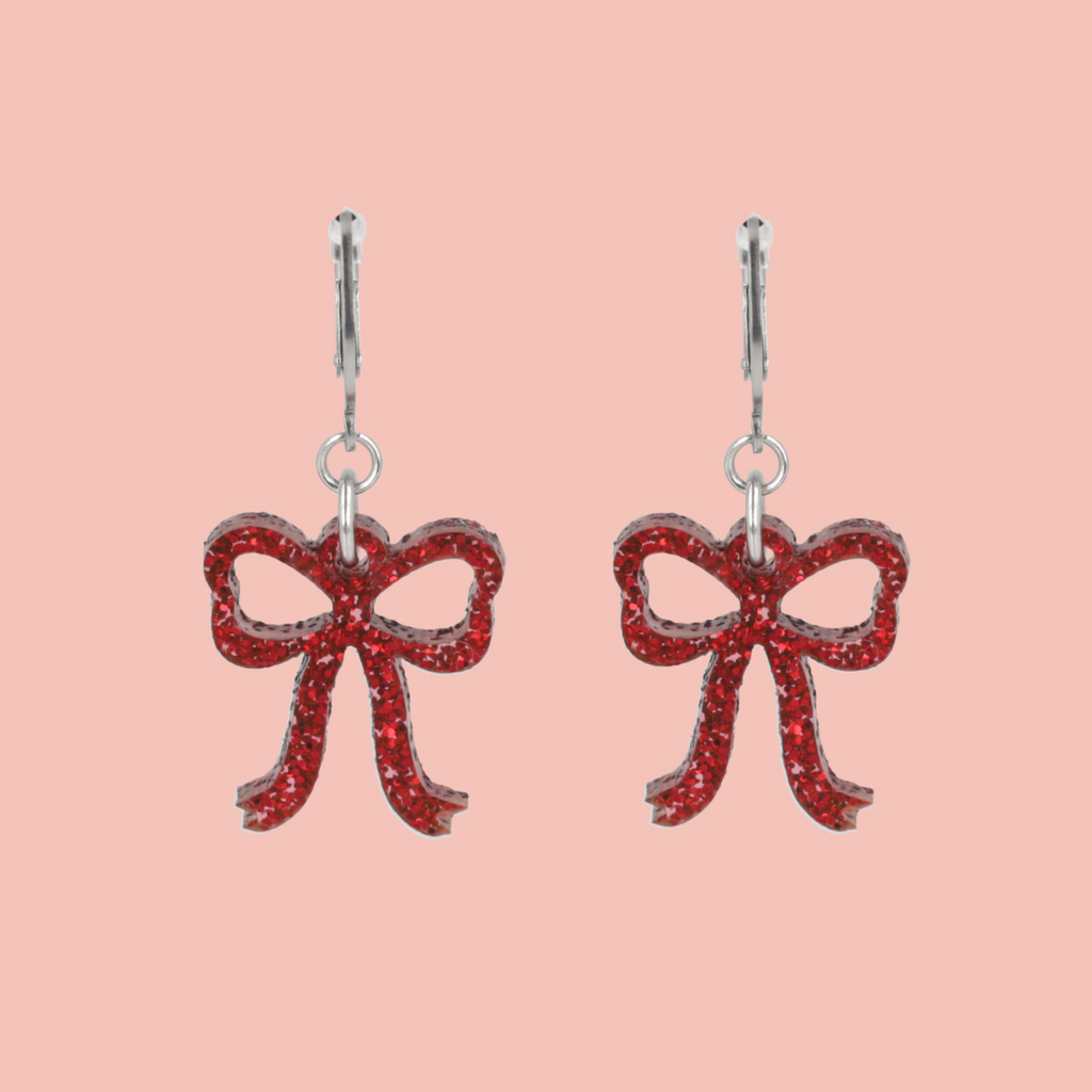 Mini Red Glitter Bow Huggie Hoop Earrings - Sour Cherry