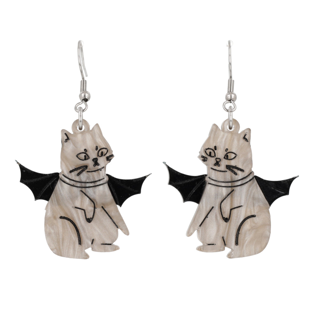 Grey cat charms with bat wings on stainless steel earwires