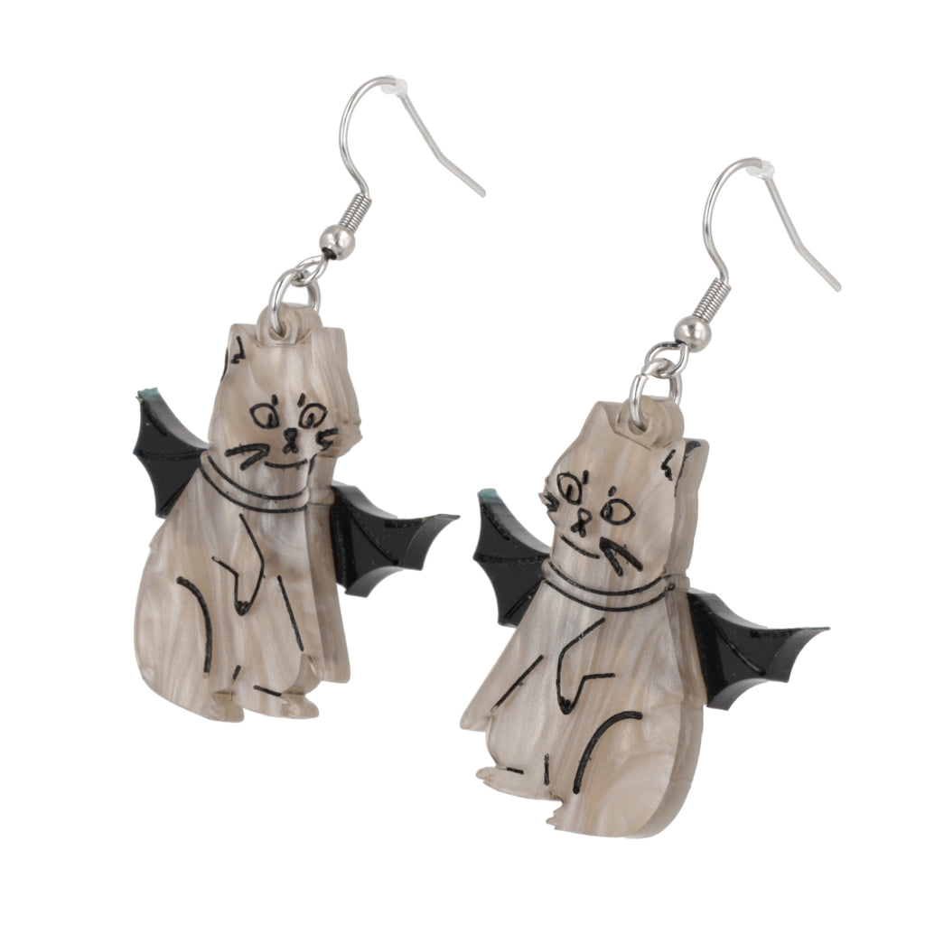 Grey cat charms with bat wings on stainless steel earwires