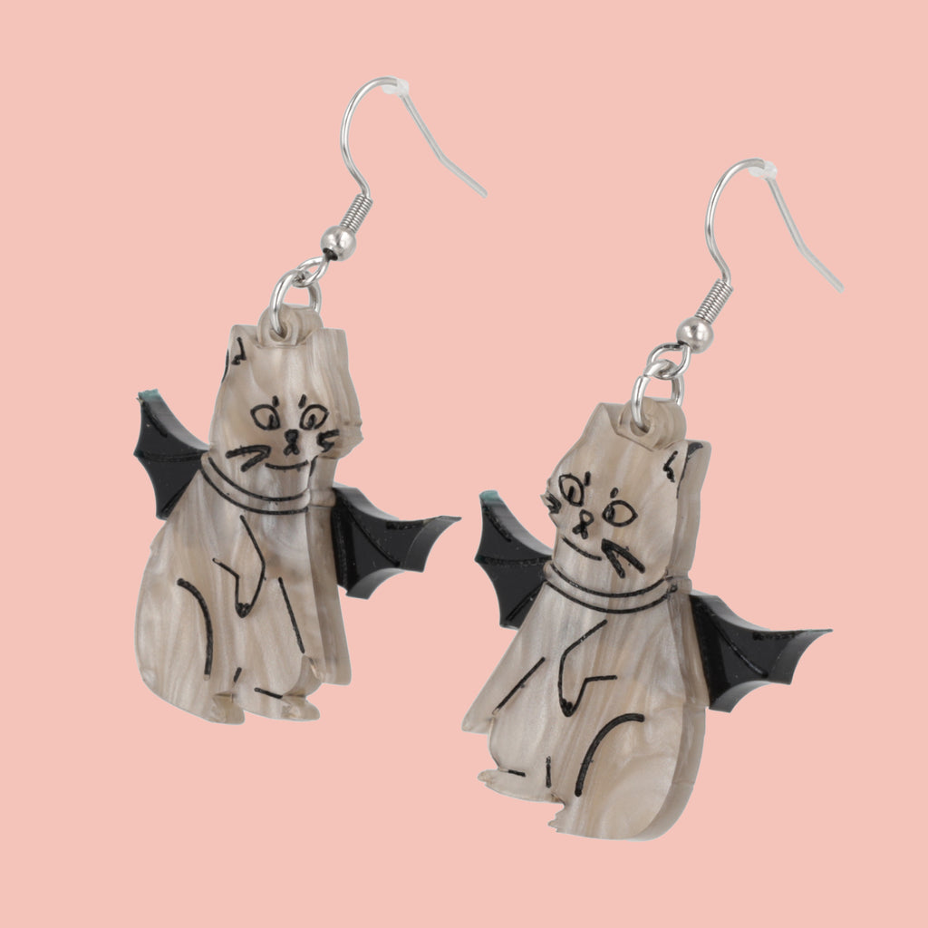 Grey cat charms with bat wings on stainless steel earwires