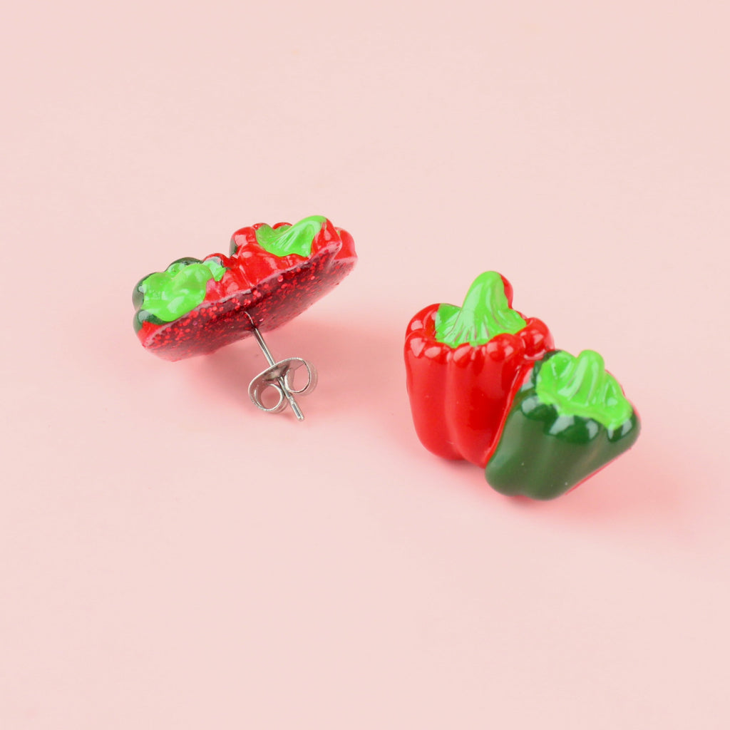 red and green pepper studs joined together with red glittery back