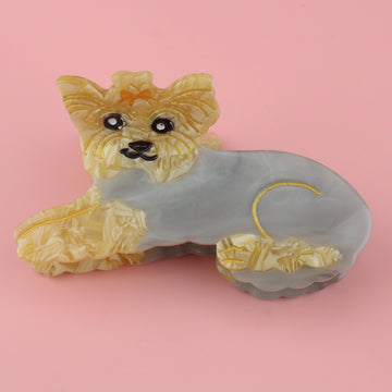 Acrylic claw clip featuring a yorkshire terrier in a grey jumper
