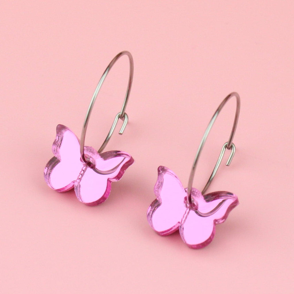 You're My Butterfly, Sugar Baby Hoop Earrings (Pink Mirror) - Sour Cherry