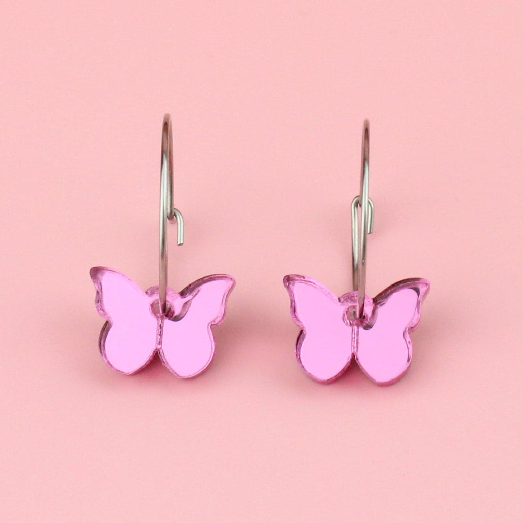 You're My Butterfly, Sugar Baby Hoop Earrings (Pink Mirror) - Sour Cherry