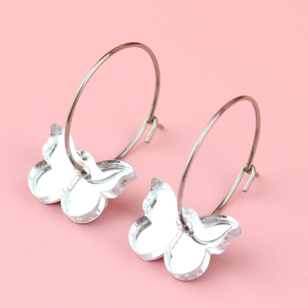 You're My Butterfly, Sugar Baby Hoop Earrings (Silver Mirror) - Sour Cherry