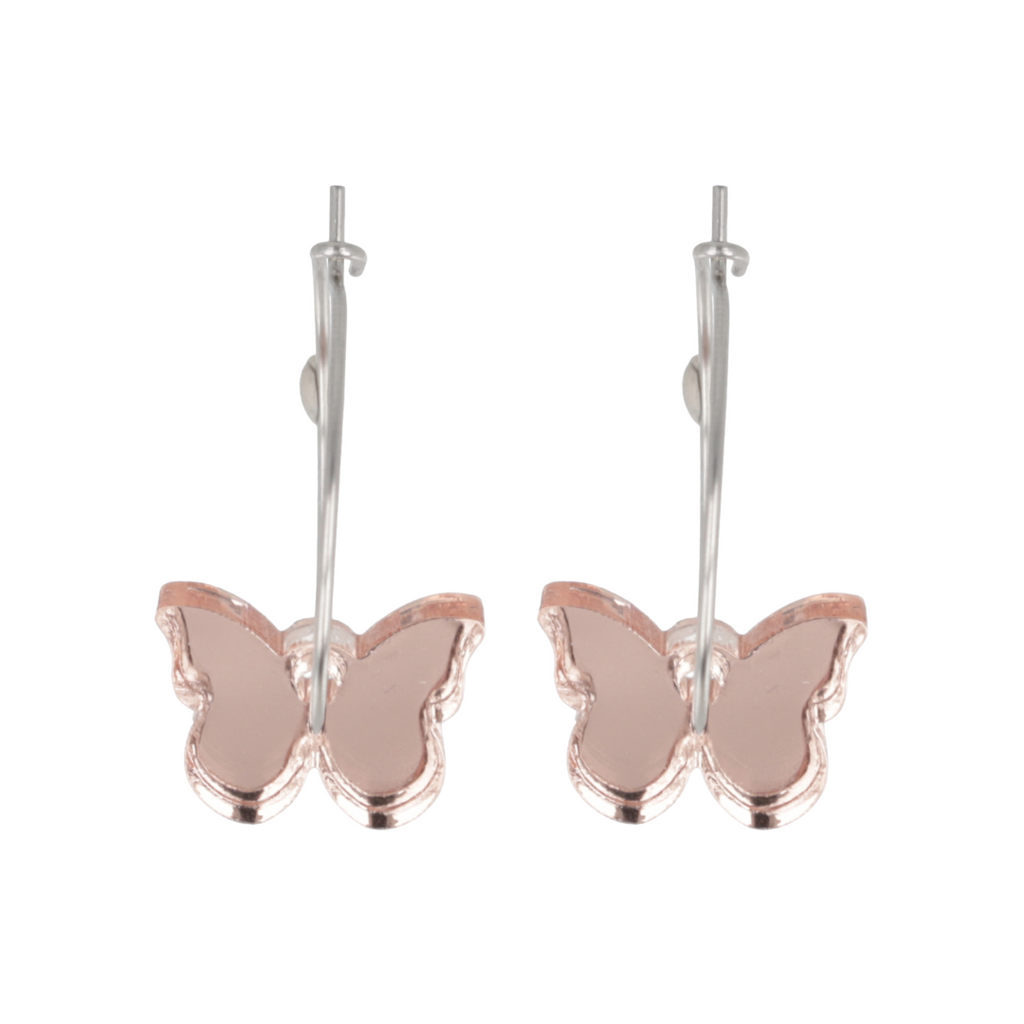 Butterfly-shaped earrings with rose gold finish on a white background