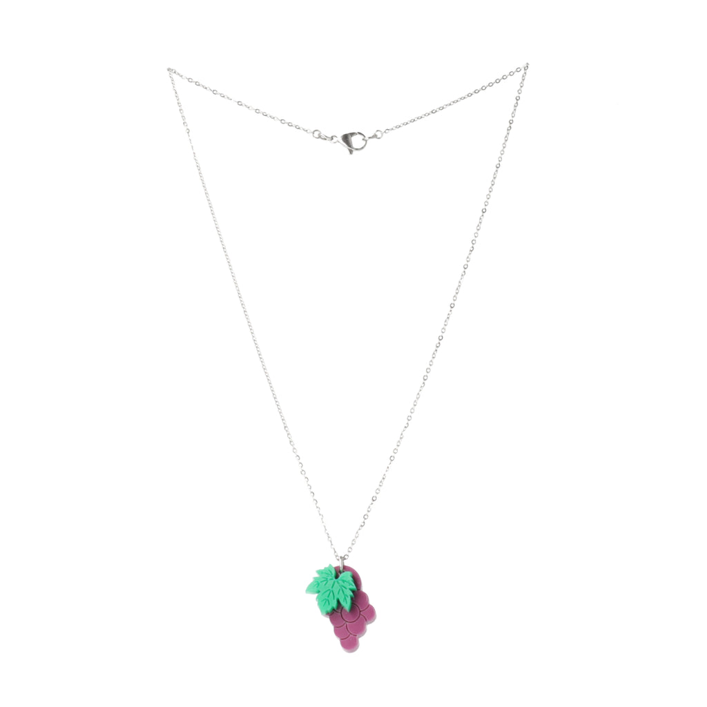 necklace featuring acrylic purple grapes on stainless steel chain