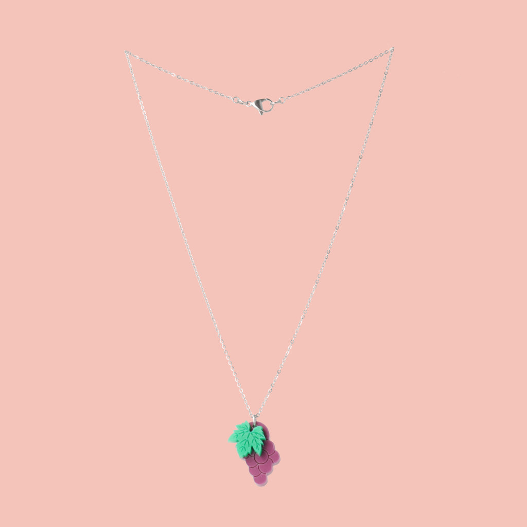 necklace featuring acrylic purple grapes on stainless steel chain